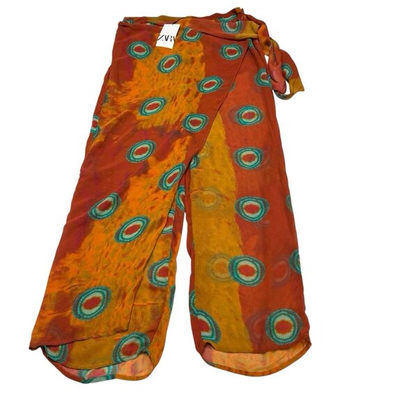 Zara Pareo Pants Womens L Semi Sheer Wrap Wide Leg Chiffon Aztec Boho Hippie - Picture 2 of 10